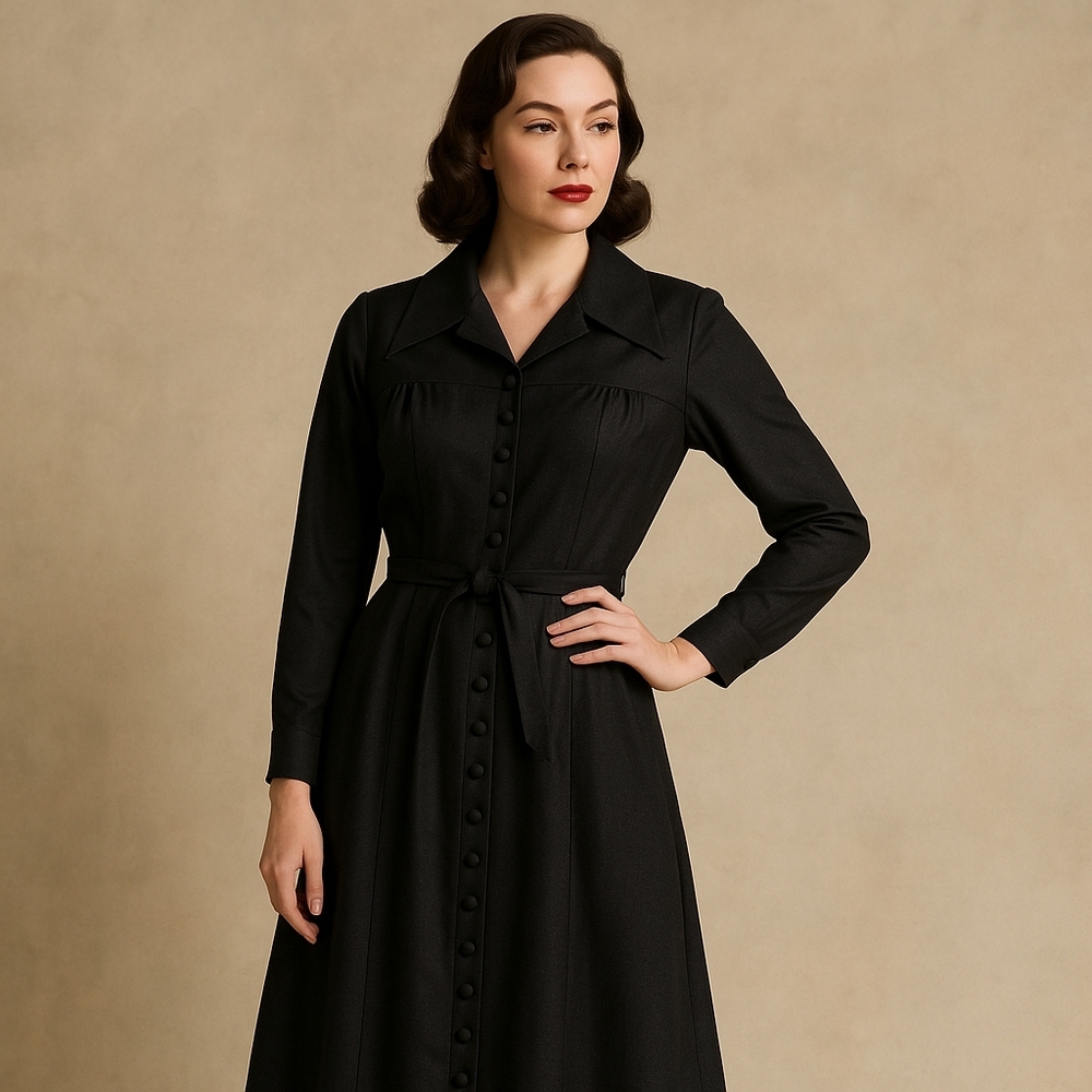 Vintage Polly‎ Magoo Black Button Down Collared Long Sleeve Dress, Medium